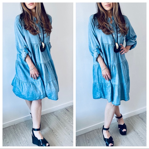 ✨LAST ONE✨MADE IN ITALY CHIC LIGHT JEAN TIERED DRESS - Picture 3 of 6